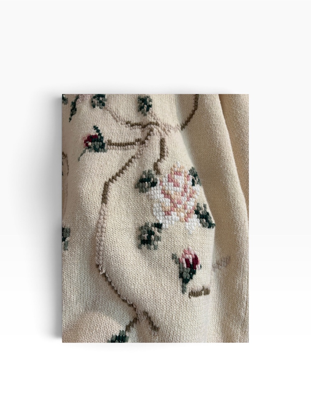Vintage Granny Core Floral Sweater Cream Embroidered Cottagecore Knit size:M - Picture 3 of 5
